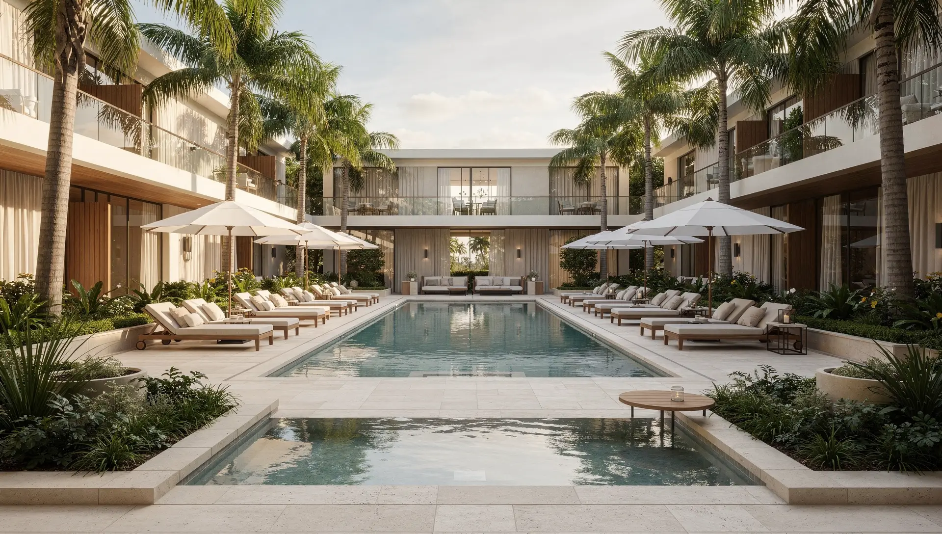 A resort courtyard with a long pool, sun loungers and parasols between two low wings