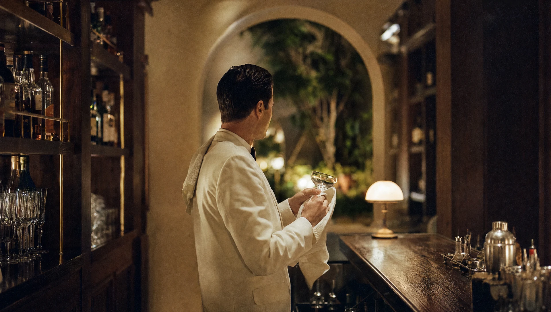 A bartender in a white jacket polishing a glass at a hotel bar before service.