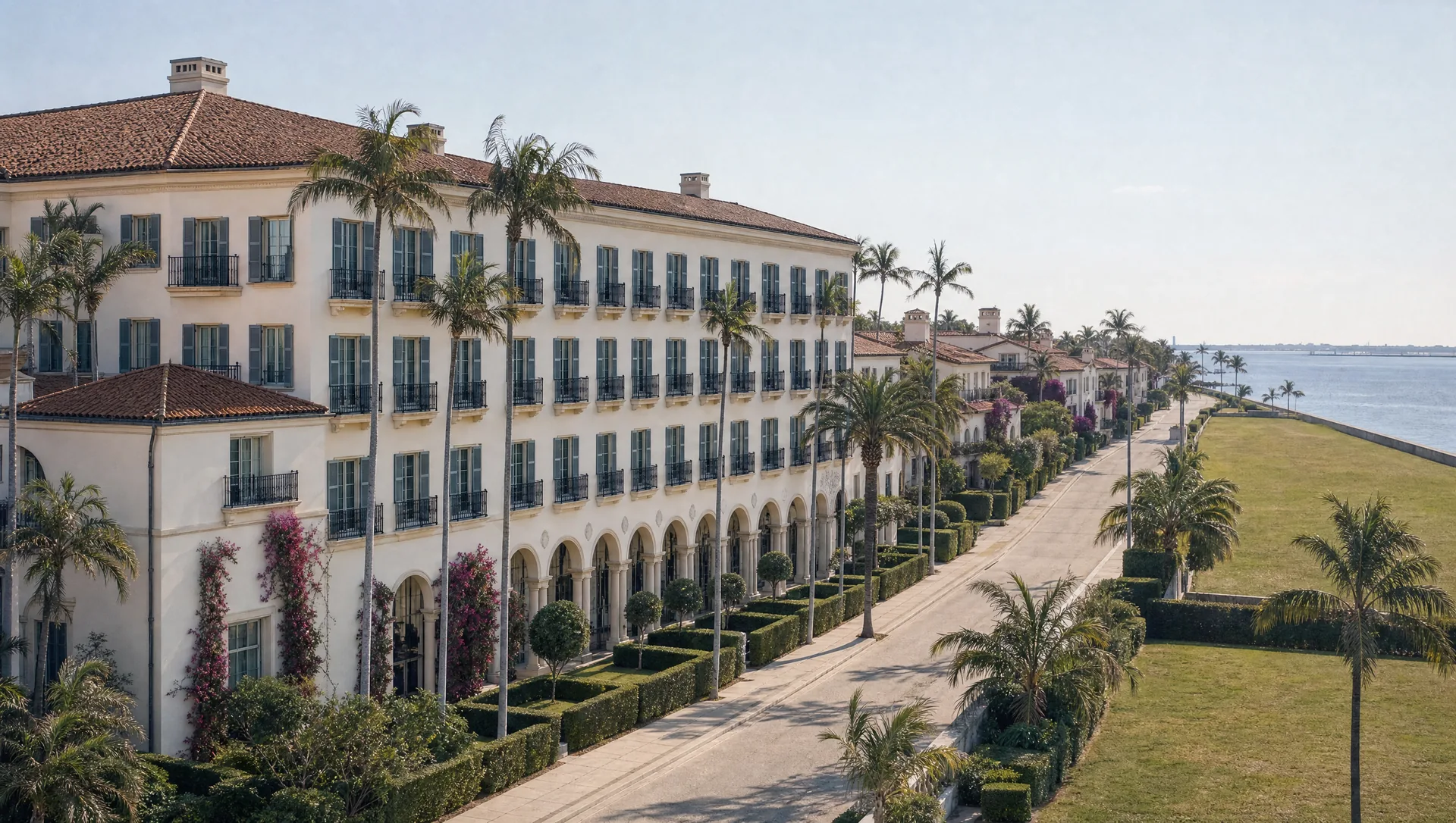 A Mediterranean Revival hotel on a Palm Beach street, its arcaded frontage running away past neighbouring buildings toward the water.