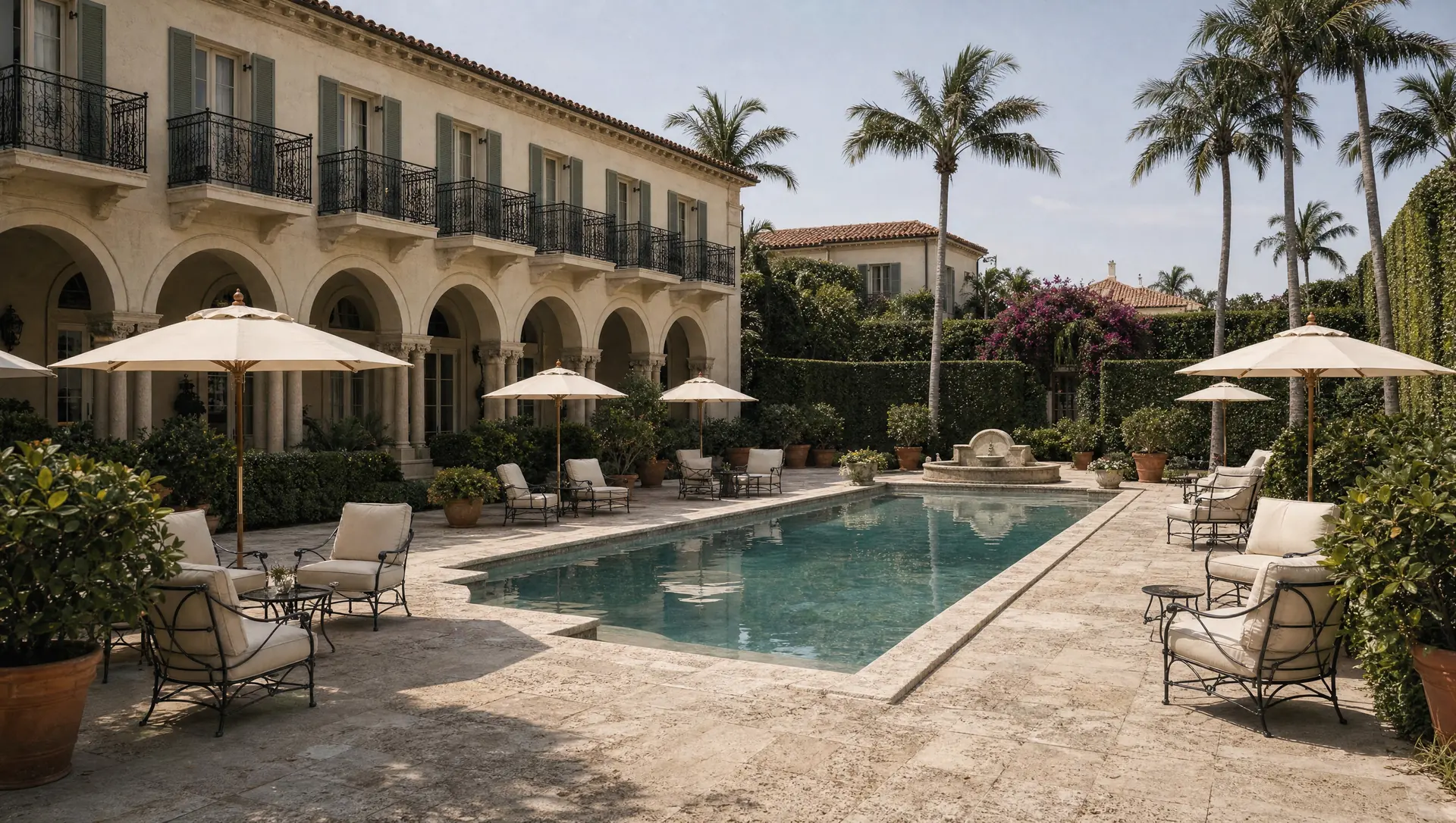 A hotel pool garden enclosed by clipped hedges, with canvas umbrellas and wrought-iron seating on pale stone paving.