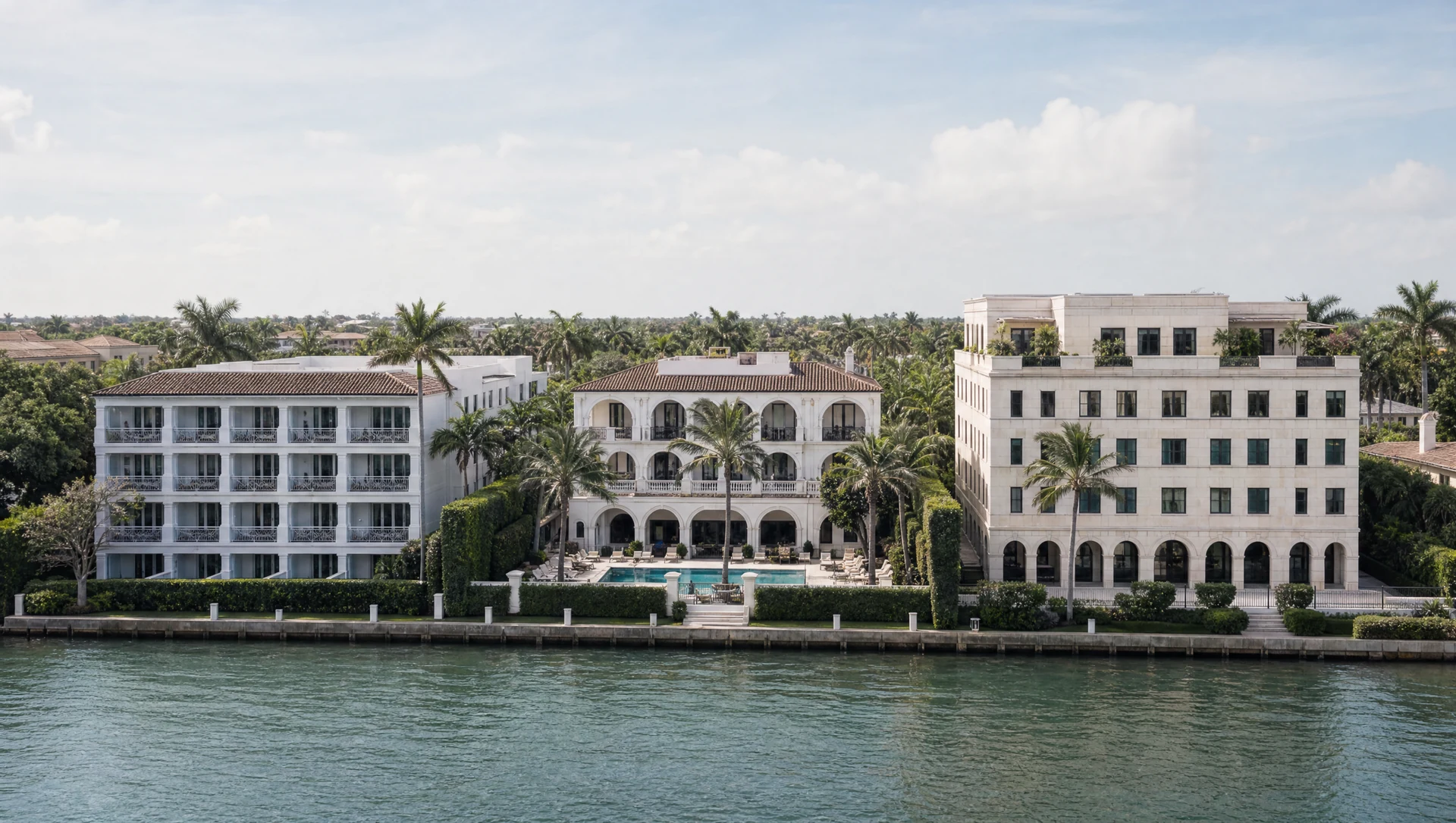 Apartment buildings and villas side by side along the Intracoastal Waterway in Palm Beach.